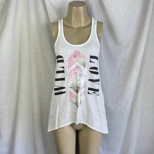 Express Wild Love Sequin Flowy Tunic Tank Top White Sheer Back Pastel Black XS